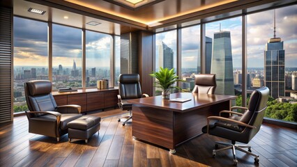 Fototapeta premium Modern sleek dark-wood executive office with floor-to-ceiling windows overlooking city skyline featuring luxurious black leather chairs.