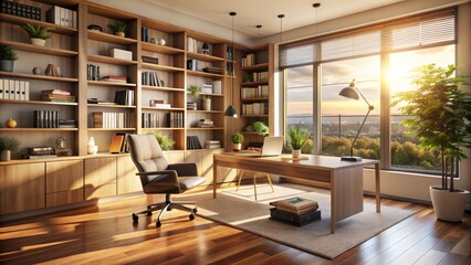 Modern home office with cozy reading nook illuminated by warm sunlight features spacious bookshelf and sleek furniture exuding comfort style.