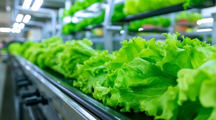 Fresh green lettuce on a conveyor belt in a modern industrial setting.