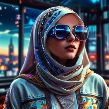 woman muslim imagine a metaverse world, elements such as virtual reality , hyper futuristic