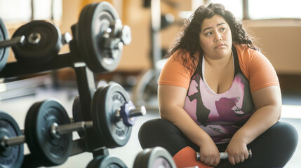 Fototapeta premium A mildly overweight beautiful woman, in gym, wearing exercise clothes, sitting on weights, frustrated, tired, looking at the floor