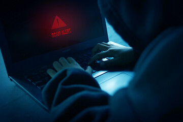 Scammer alert and warning caution signs on mobile phone. cyber attack on online network error system. Cybersecurity vulnerability, data breach, illegal connection, compromised information.