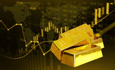 Gold bars on yellow black background and gold stock chart illustration