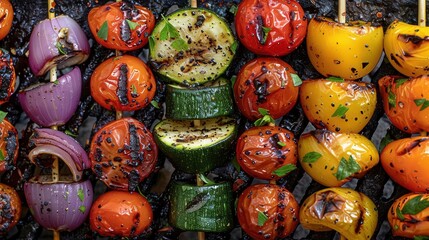Fototapeta premium Detailed shot of grilled vegetables on a skewer, vibrant colors and char marks highlighting freshness and flavor