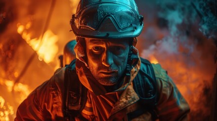 Firefighter in protective gear battling a blaze.