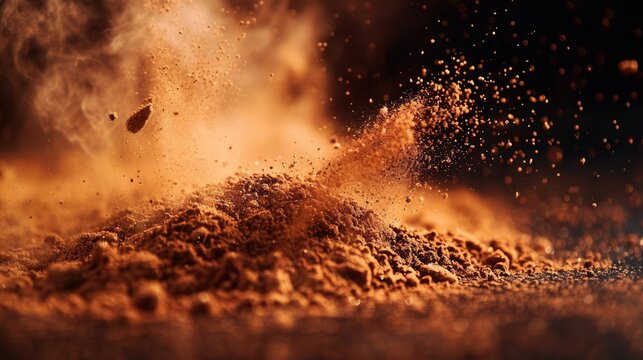 Cocoa and sugar particles explode in motion, creating a sense of dynamism and energy.