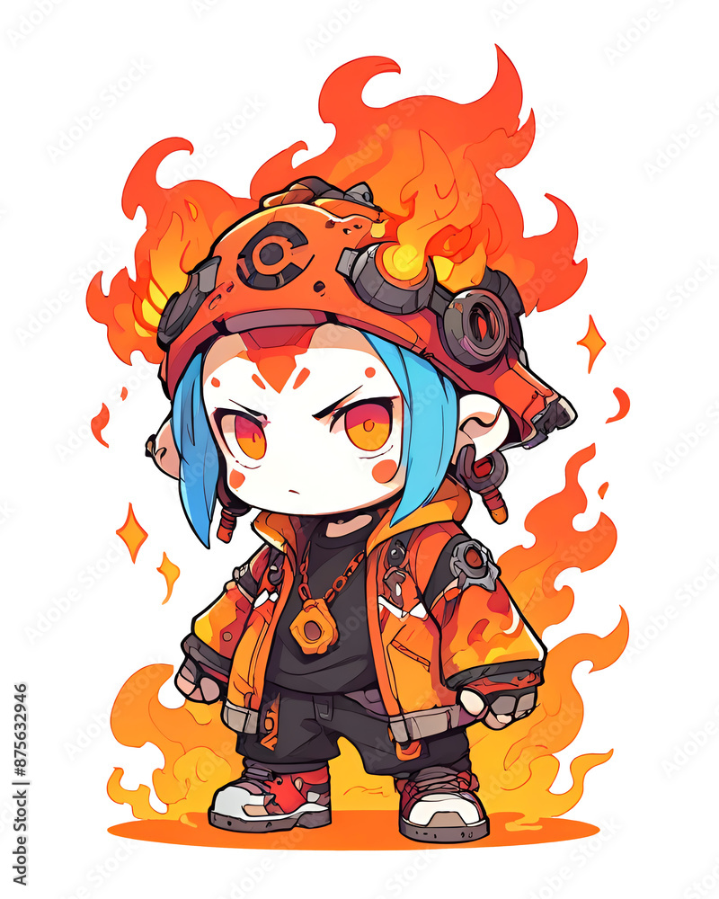 Sticker cute cartoon fire shaman cyberpunk