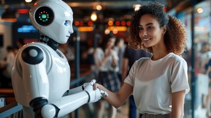 Stylized image of two individuals shaking hands, overlaid with digital coding patterns and vibrant light. AIG62