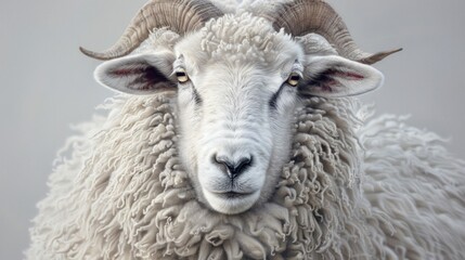 A close-up photorealistic portrait of a sheep with soft, fluffy wool and gentle eyes