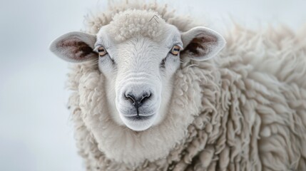 A close-up photorealistic portrait of a sheep with soft, fluffy wool and gentle eyes