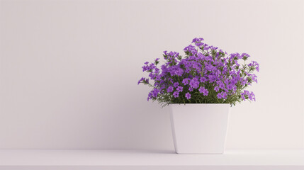 Fototapeta premium a product photoshoot of a unique exotic Sumire Violet bouquet placed in white square pot, minimalistic japanese look, completely white background with slight shadow of the pot on the tabletop