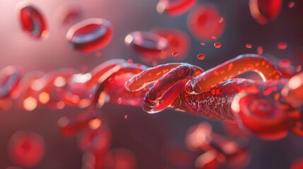 A close-up view of red blood cells flowing through a capillary, with the individual cells clearly visible.