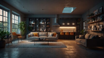 Large living room in industrial style