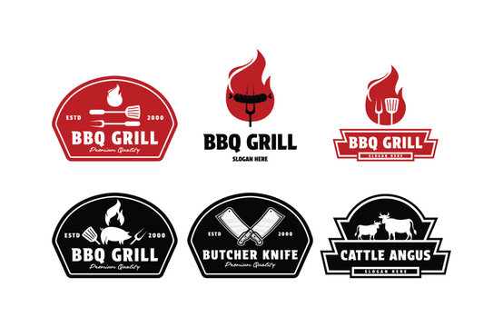 set of collection bbq grill logo design with butcher knife fork and catlle vintage retro label badge