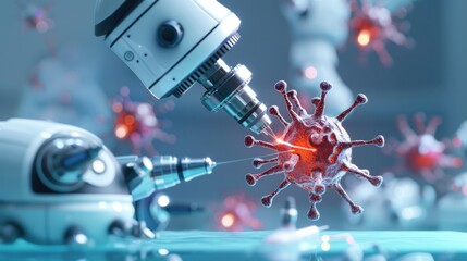A microscopic robot surgeon delicately performing intricate surgery inside a human cell, saving a life from a deadly virus. 