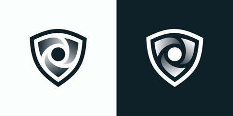 Shield shape vector logo design with three-dimensional illusion swirl in modern, simple, clean and abstract style.