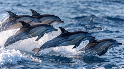 Fototapeta premium A pod of dolphins leaping gracefully through the air, their sleek bodies glistening in the sunlight
