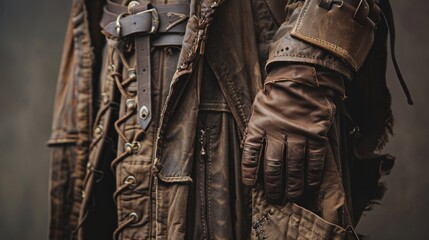 Fototapeta premium A rugged adventurer's attire, featuring a worn leather robe and gloves, suitable for exploring dungeons or battling dragons.