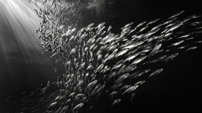A school of sardines forming a dazzling murmuration, moving in perfect synchronicity as they evade predators.