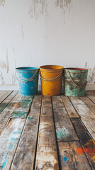 Naklejka premium Clean wooden floor with buckets full of paint colors standing on it, ultra realistic, real life photo post for