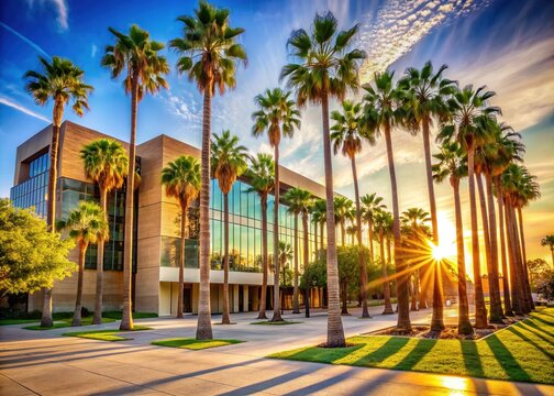 Palm trees sway gently in front of the geometric, modern architecture of the prestigious university's campus, bathed in warm, golden California sunlight.