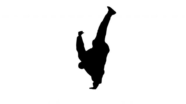 Black silhouette of B boy dancing break dance on white background. Black and white for compositing and presentation. Alpha matte isolated.