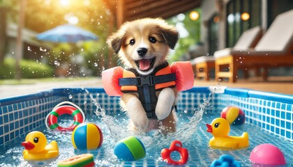 Energetic Puppy Wearing Life Jacket Playing in Shallow Pool