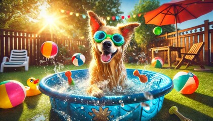 Energetic Dog with Goggles Splashing in Kiddie Pool