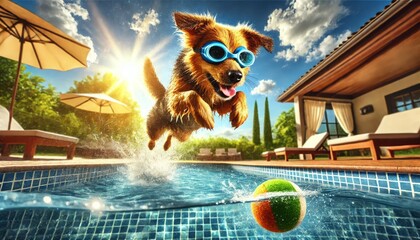 Playful Dog with Goggles Diving into a Pool