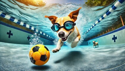 Funny Dog with Goggles Diving Underwater for a Ball