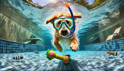 Dog Wearing Diving Mask Swimming Underwater for a Toy