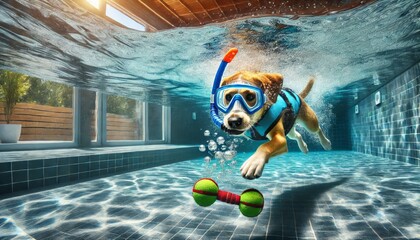 Dog Wearing Snorkel Swimming Underwater for a Toy