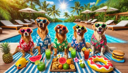 Dogs in Hawaiian Shirts by the Pool