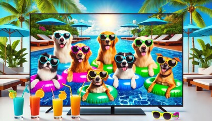 Dogs Wearing Sunglasses Lounging on Pool Floats