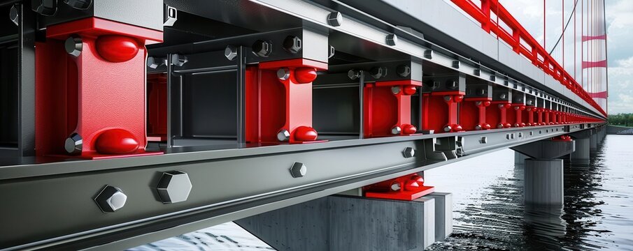 Steel framework forming a bridge over water, steel reinforcement, structural engineering feat