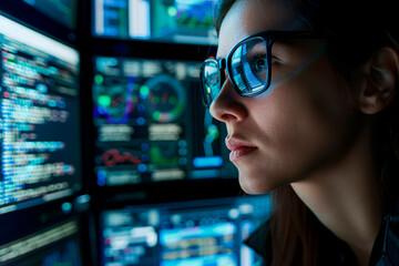 Naklejka premium studying, desktop, neon, workplace, employee, hacker, occupation, student, online, businesswoman, glasses, lady, screen, working, job, laptop, desk, indoors, professional, internet, focused, office, b