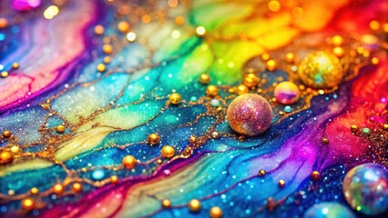 Vibrant rainbow-colored marble texture with scattered glitter particles creates a shimmering, iridescent backdrop perfect for adding luxury and festive flair to designs.