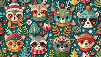 Whimsical winter holiday seamless pattern featuring adorable forest animals in cozy scarves and hats, set against a vibrant, colorful background with playful raccoon, bear, fox, deer, and hare heads.