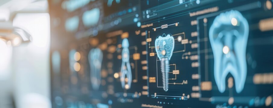 Digital model of dental implant planning on a computer screen, dental implant model, digital dentistry