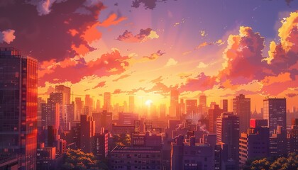 Obraz premium sunset in the city scene, cartoon anime style