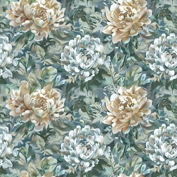 Fototapeta Traditional Botanical Peony Pattern with Light Blue-Green Background