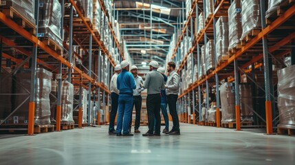 A team of warehouse workers in safety vests engage in a group discussion in a large modern logistics center. AIG41