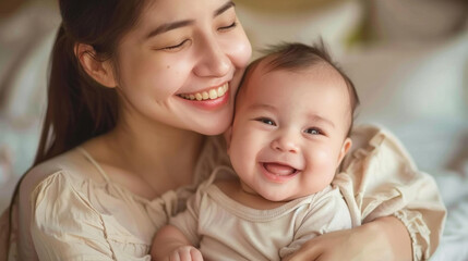 A woman is holding a baby and smiling. Scene is happy and loving