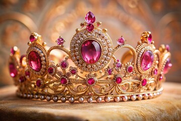Opulent pink jewel-encrusted golden tiara adorned with precious gems and intricate filigree details, resting on a velvet pedestal against a soft, creamy background.
