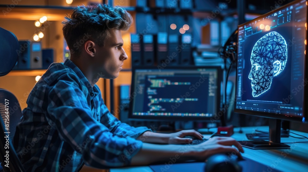 Poster engineer works with ai robot assistant at computer, coding and collaborating in a futuristic office.