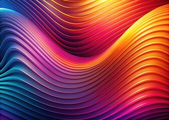 Vibrant curved lines in 3D form dance across a gradient background, blending warm and cool tones, creating a mesmerizing, minimalist, and colorful wallpaper pattern.