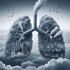 Air Pollution: A pair of lungs made out of factory smoke, symbolizing the impact of industrial air pollution on respiratory health
