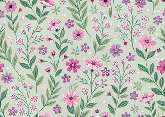 Delicate pink and purple flowers bloom on a soft sage green background, forming a seamless vector pattern perfect for fabric and wallpaper designs.