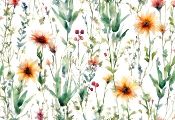 sunflower green flower colorful watercolor print floral seamless wildflower abstract pattern background wildflowers plants olated nature white