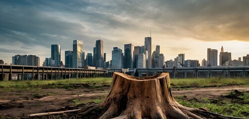 Deforestation: A tree stump alone with a cityscape in the background , highlighting the consequences of deforestation for urban expansion.